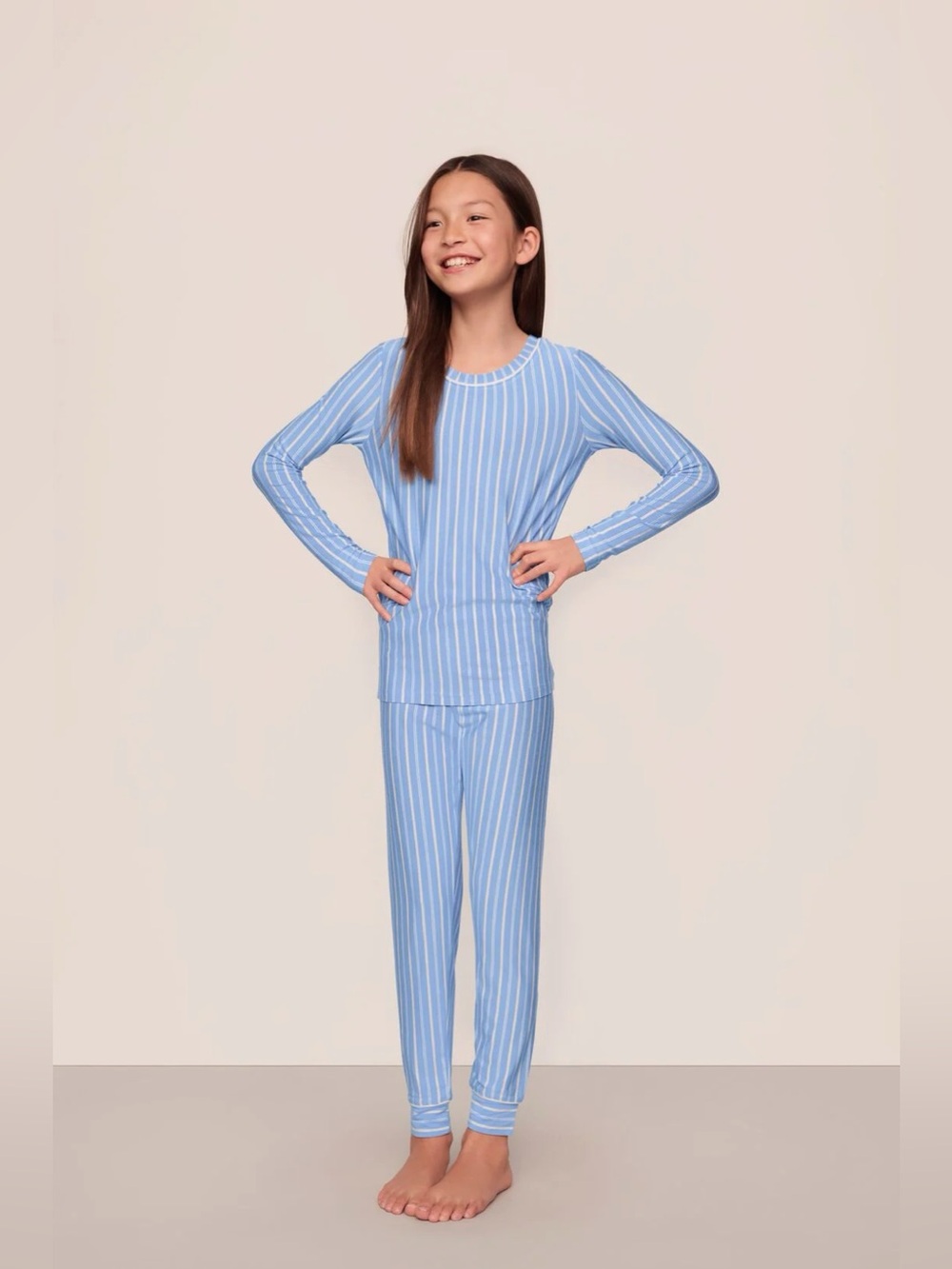 Eberjey Striped Pajama Set Youth Unisex Size 8 Blue Tencel Modal